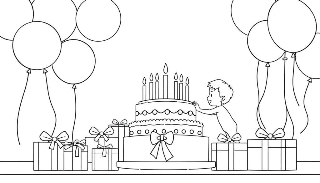 A black and white drawing for a coloring panel, showing a child reaching for a birthday cake surrounded by gifts and balloons.