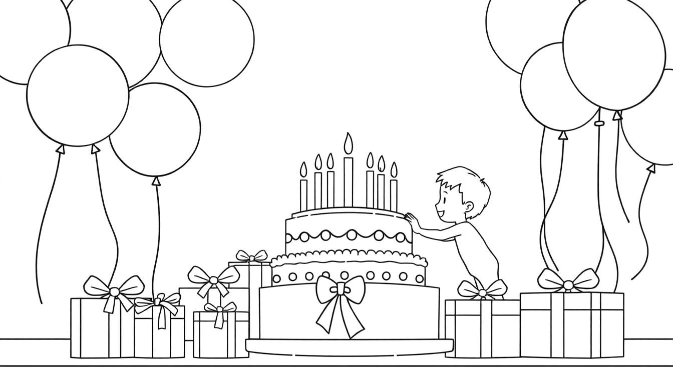A black and white drawing for a coloring panel, showing a child reaching for a birthday cake surrounded by gifts and balloons.