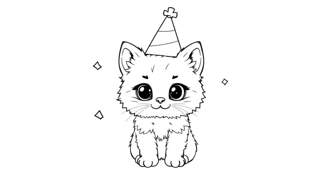 A black and white cartoon kitten wearing a party hat, ready for a birthday celebration. This color panel is perfect for drawing.