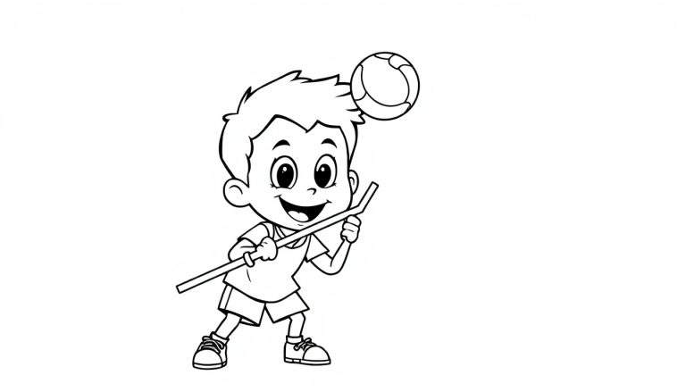 A black and white color panel showing a happy cartoon boy balancing a ball on his head while holding a stick, ready for fun!
