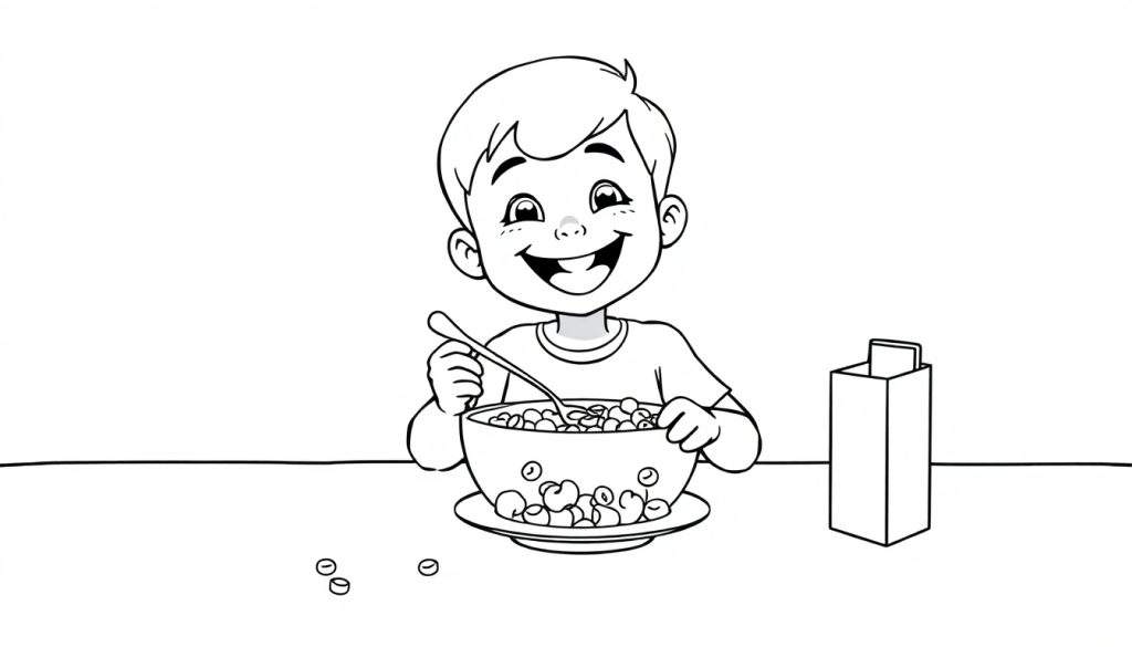 A black and white coloring panel of a happy boy eating cereal.