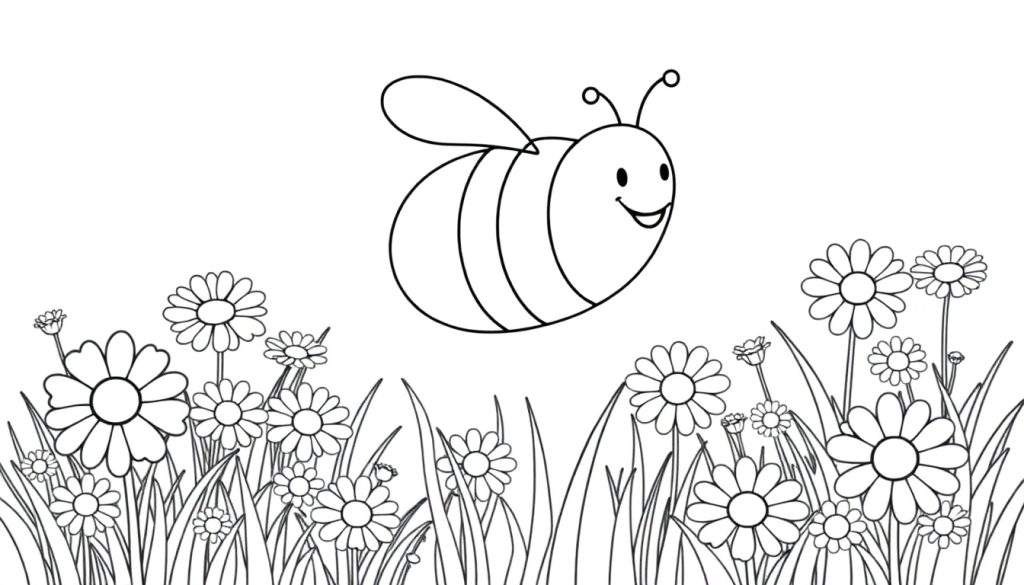 A happy cartoon bumblebee with stripes and a smile flying over a field of daisies, in a black and white color panel illustration, perfect for coloring.