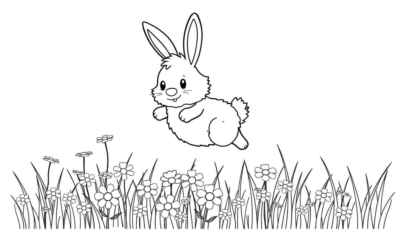 A cheerful cartoon rabbit jumping over a flower field in a black and white color panel, ready for coloring.