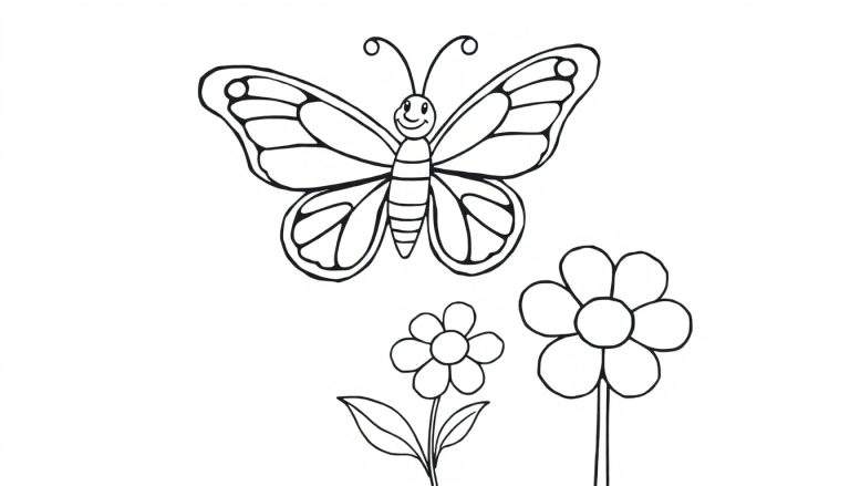 A happy butterfly with decorative wings and a smiling face above two flowers, ready for your coloring color panel.