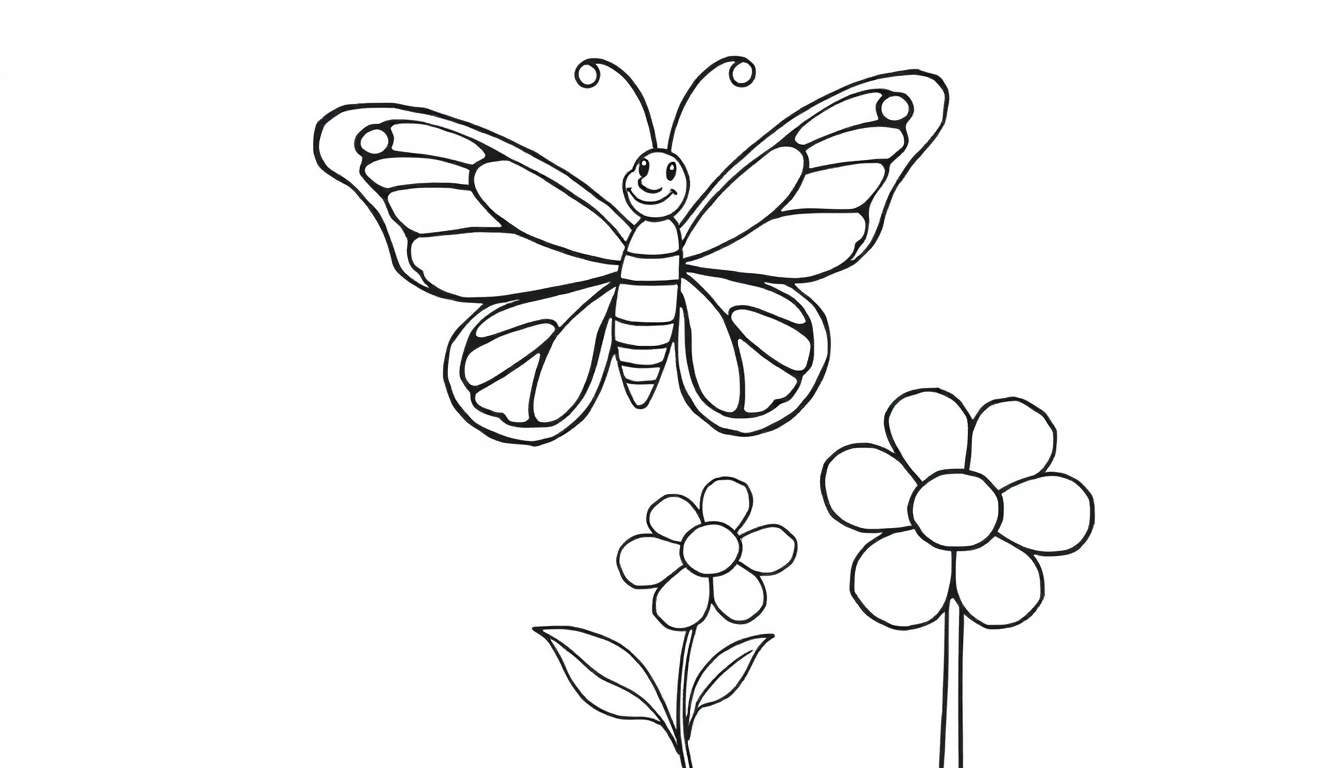 A happy butterfly with decorative wings and a smiling face above two flowers, ready for your coloring color panel.