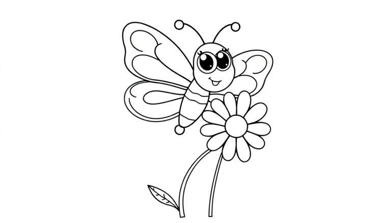A cute cartoon butterfly with big eyes on a flower, ready for coloring in this color panel.