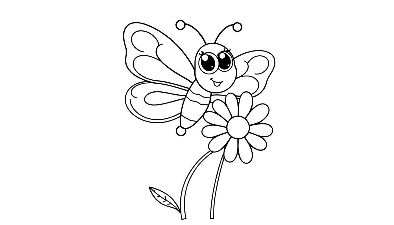 A cute cartoon butterfly with big eyes on a flower, ready for coloring in this color panel.