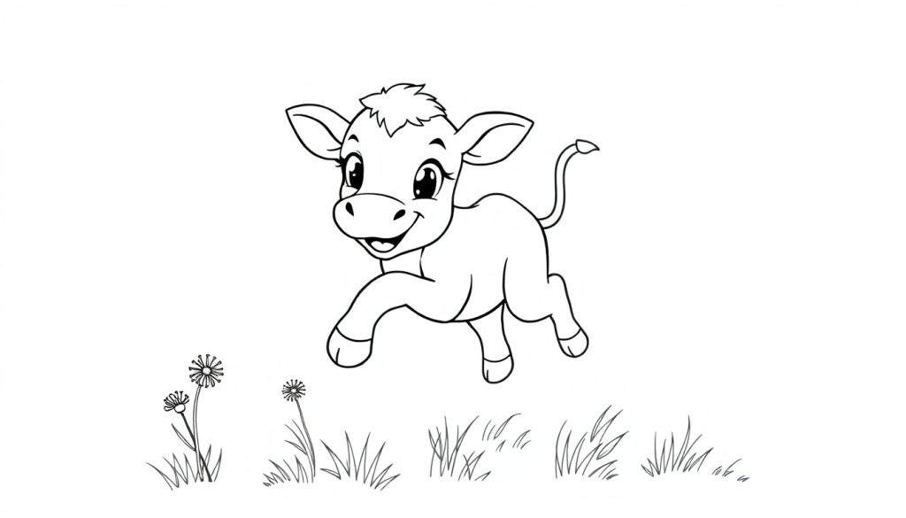 A black and white outline of a happy calf jumping in a field, ready for a color panel.
