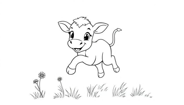 A black and white outline of a happy calf jumping in a field, ready for a color panel.