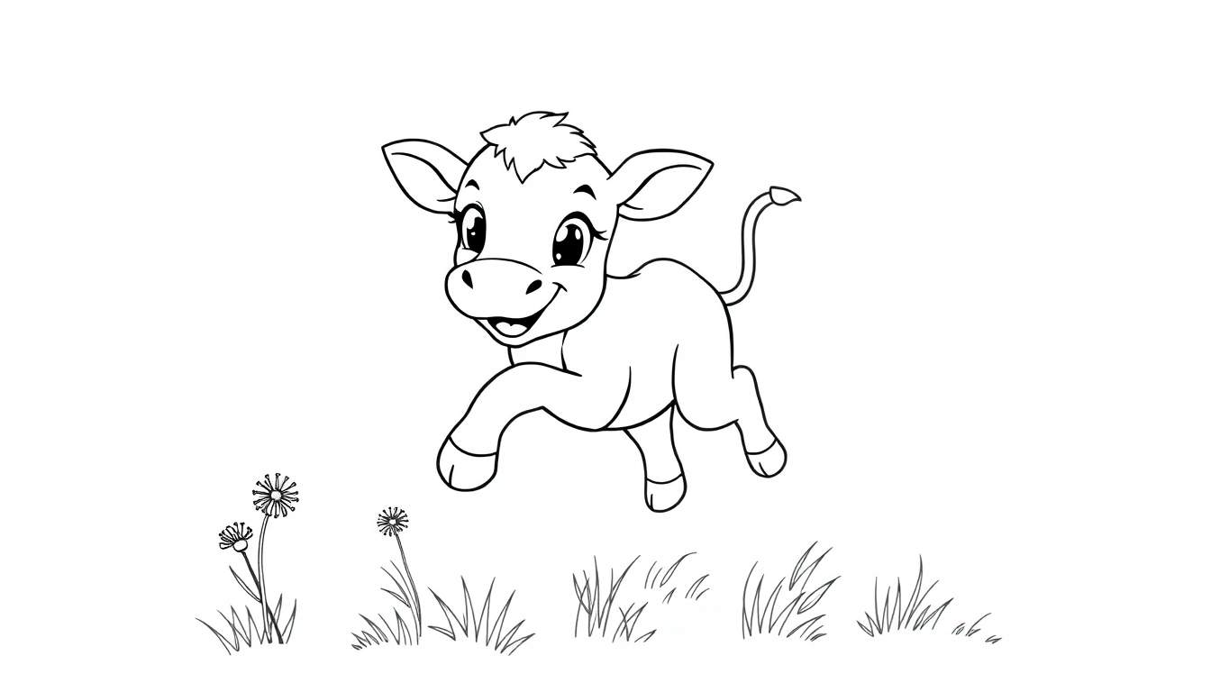 A black and white outline of a happy calf jumping in a field, ready for a color panel.