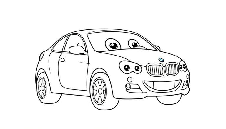 A friendly black and white cartoon car with big eyes, ready for a color panel.