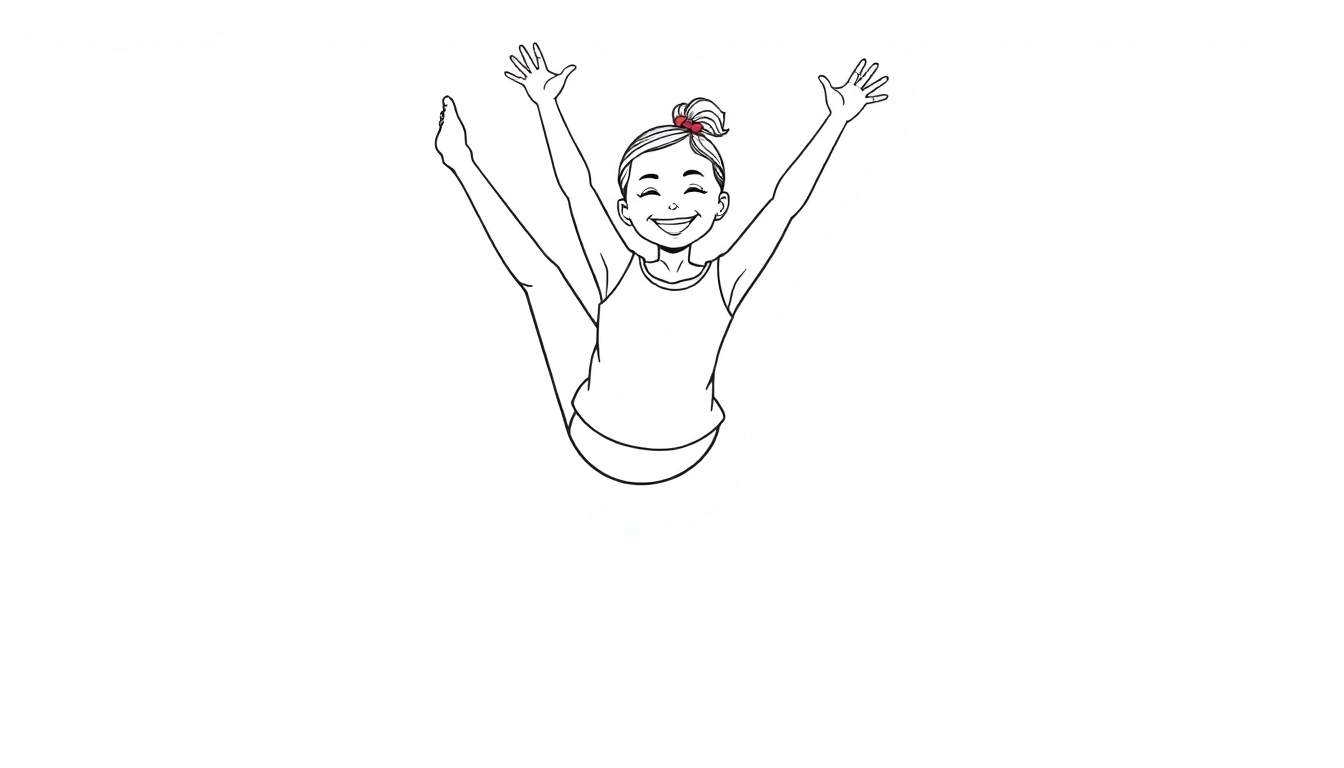 A happy young girl doing a cartwheel in a black and white color panel, ready for coloring.