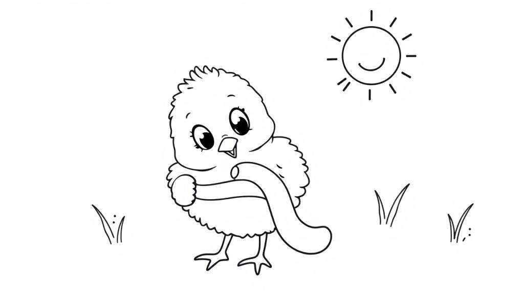 A fluffy chick with a rolled-up document, in a black and white coloring panel.