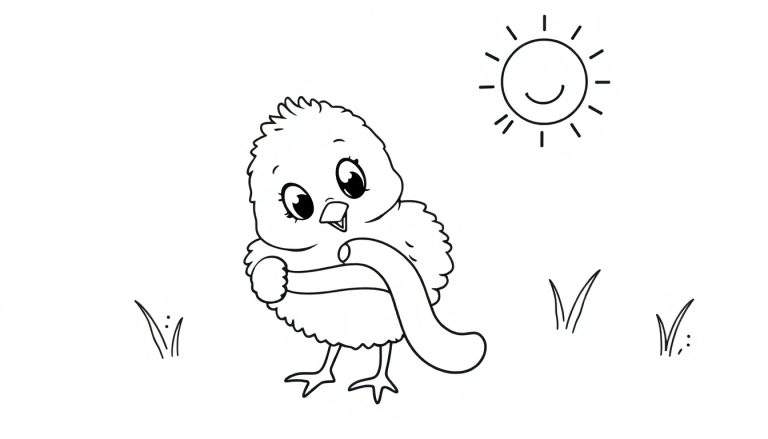 A fluffy chick with a rolled-up document, in a black and white coloring panel.
