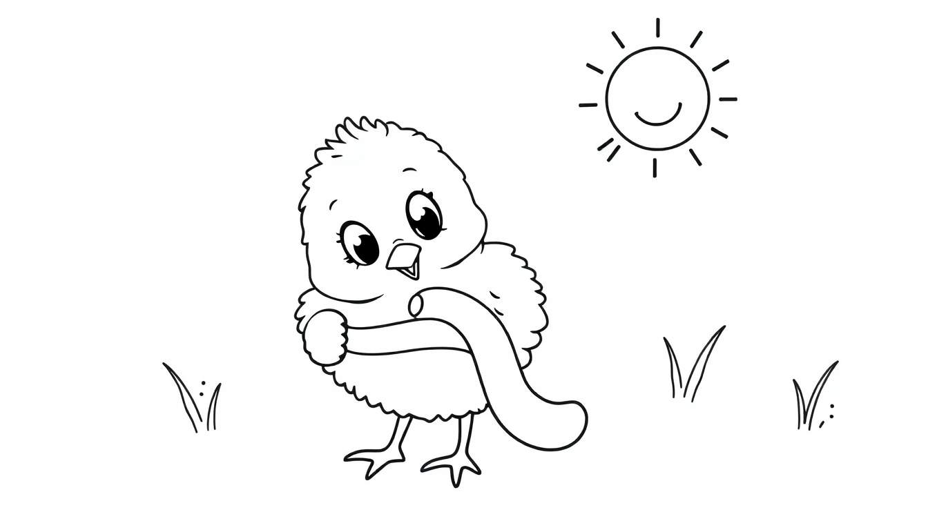 A fluffy chick with a rolled-up document, in a black and white coloring panel.