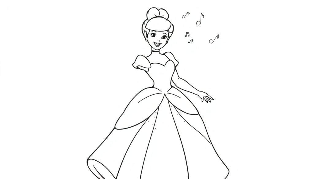 A happy Cinderella in her ball gown, ready to dance. Black and white coloring page for kids, with musical notes, a color panel.