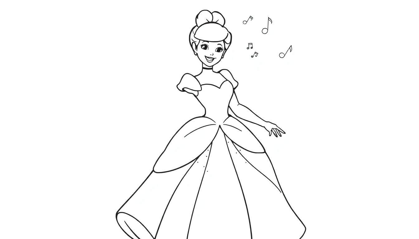 A happy Cinderella in her ball gown, ready to dance. Black and white coloring page for kids, with musical notes, a color panel.