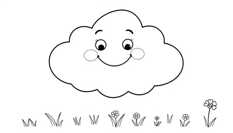 A cute fluffy cloud with a smiling face and rosy cheeks, surrounded by grass and flowers, on a black and white color panel.