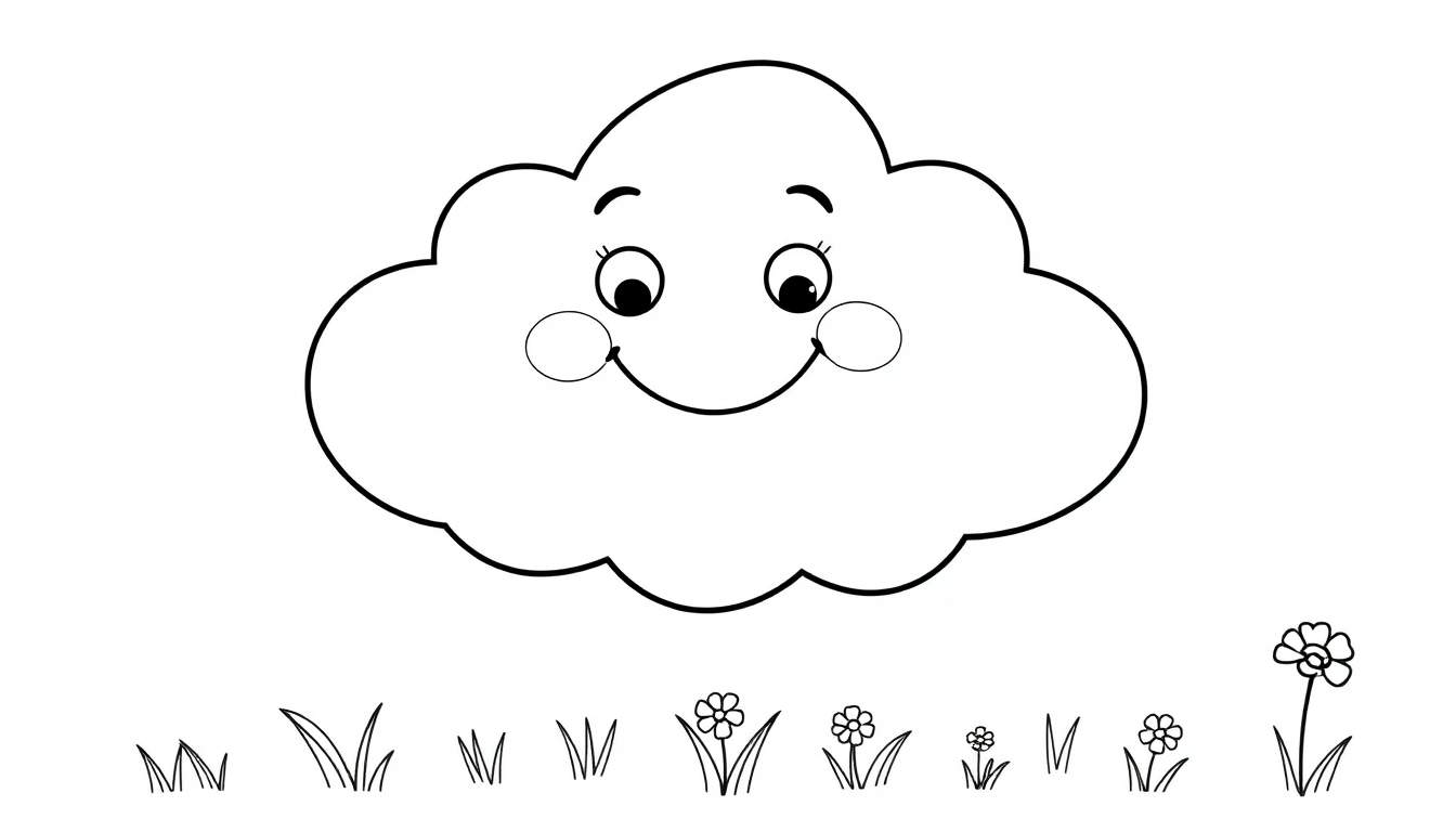A cute fluffy cloud with a smiling face and rosy cheeks, surrounded by grass and flowers, on a black and white color panel.