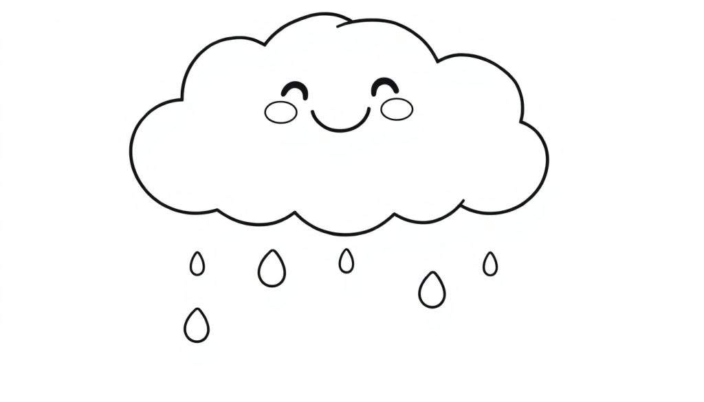 A black and white cartoon of a happy cloud with raindrops, ready for coloring on a color panel.