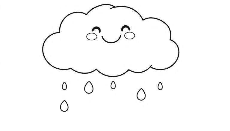 A black and white cartoon of a happy cloud with raindrops, ready for coloring on a color panel.
