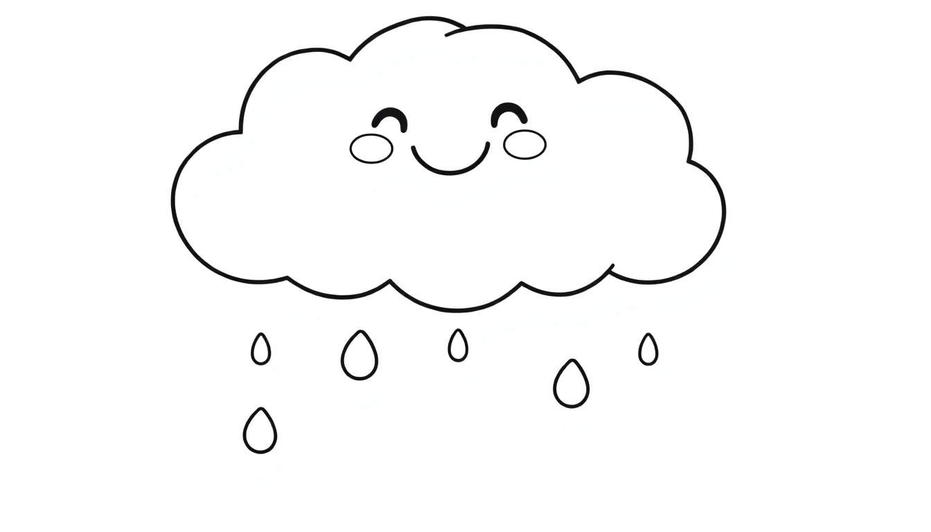 A black and white cartoon of a happy cloud with raindrops, ready for coloring on a color panel.