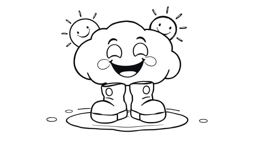 A black and white cartoon of a smiling cloud in boots splashing in a puddle, with two little smiling suns nearby, ready for a color panel.