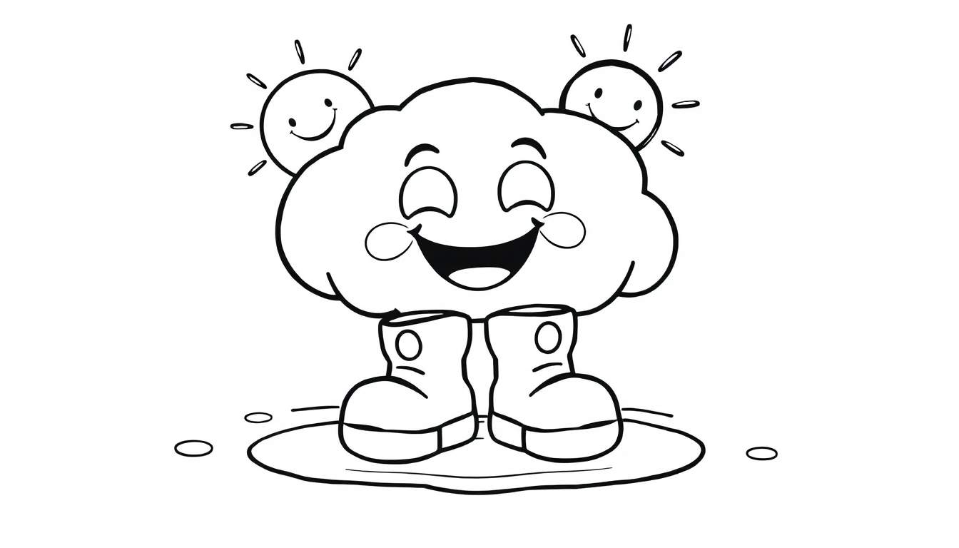 A black and white cartoon of a smiling cloud in boots splashing in a puddle, with two little smiling suns nearby, ready for a color panel.