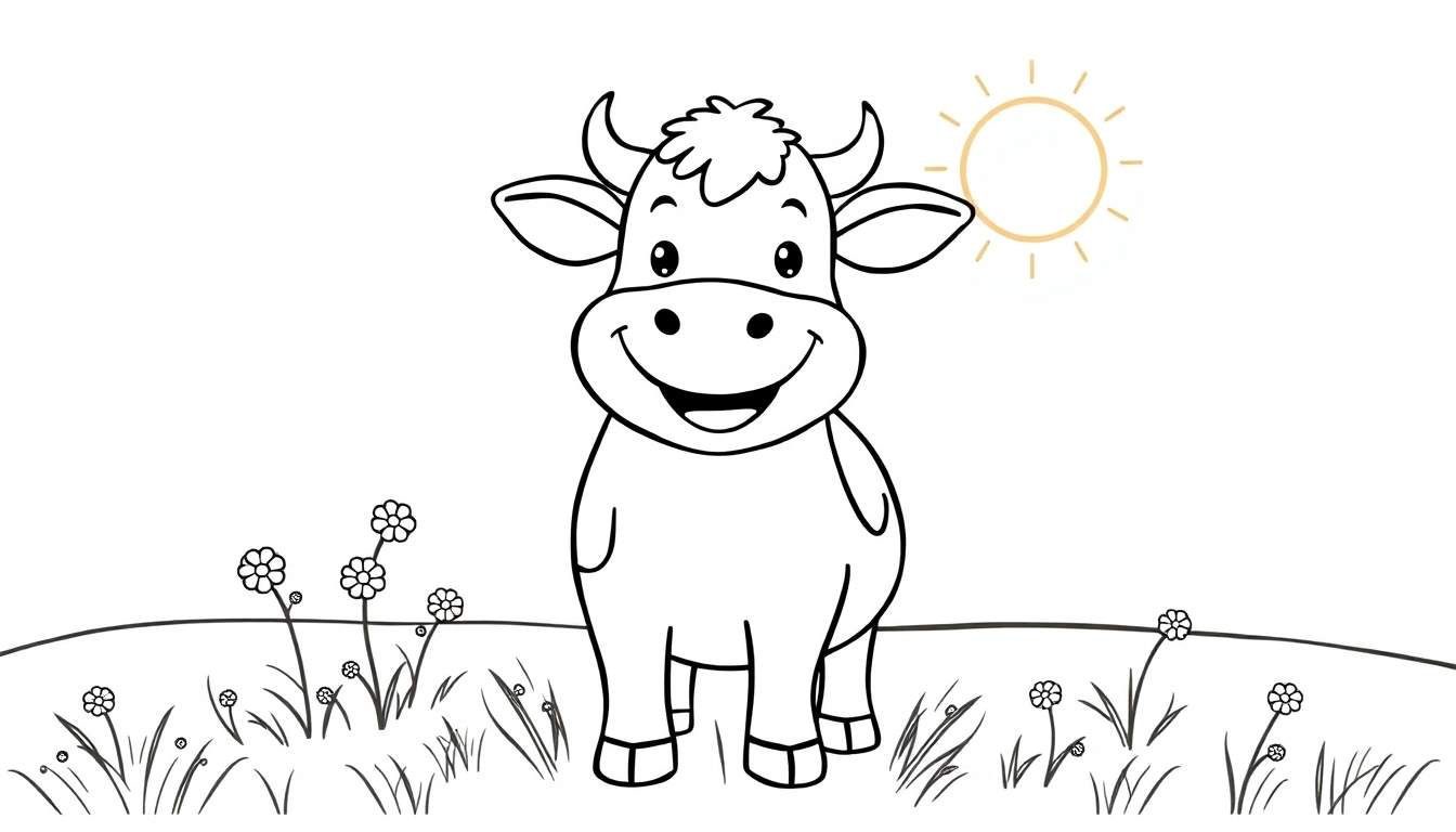 A black and white cartoon of a happy cow in a flower field, perfect for a color panel.
