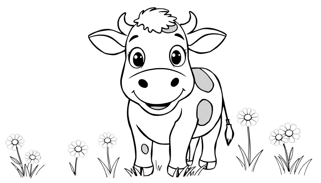 A happy black and white cow in a flower field color panel, ready to be colored.