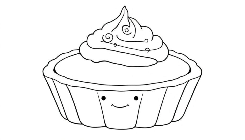 A cute black and white coloring page of a happy cupcake with frosting swirls and a smiley face, a fun color panel for kids.