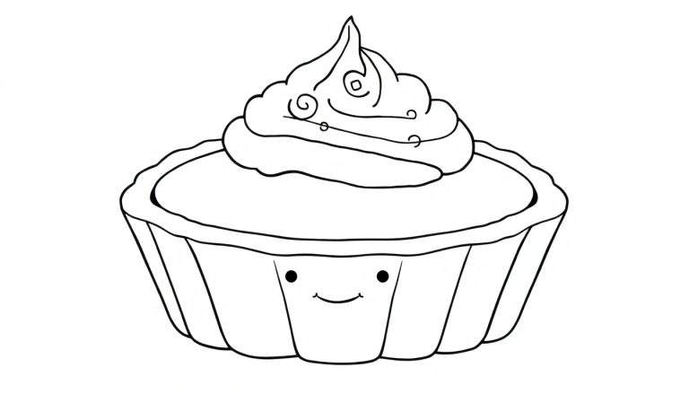 A cute black and white coloring page of a happy cupcake with frosting swirls and a smiley face, a fun color panel for kids.