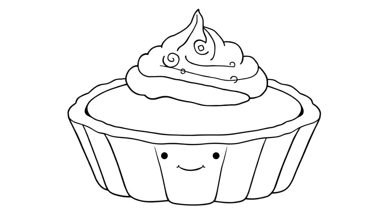 A cute black and white coloring page of a happy cupcake with frosting swirls and a smiley face, a fun color panel for kids.
