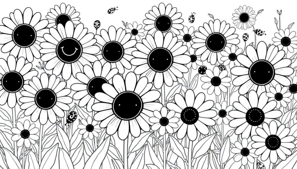 A black and white color panel illustration of smiling daisies with ladybugs flying around.
