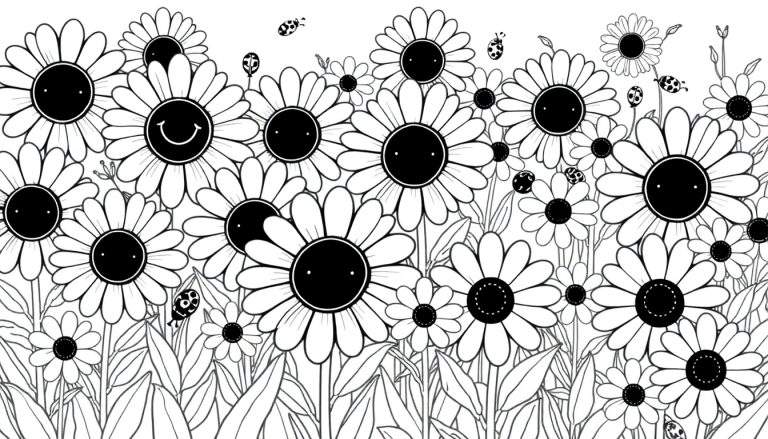 A black and white color panel illustration of smiling daisies with ladybugs flying around.
