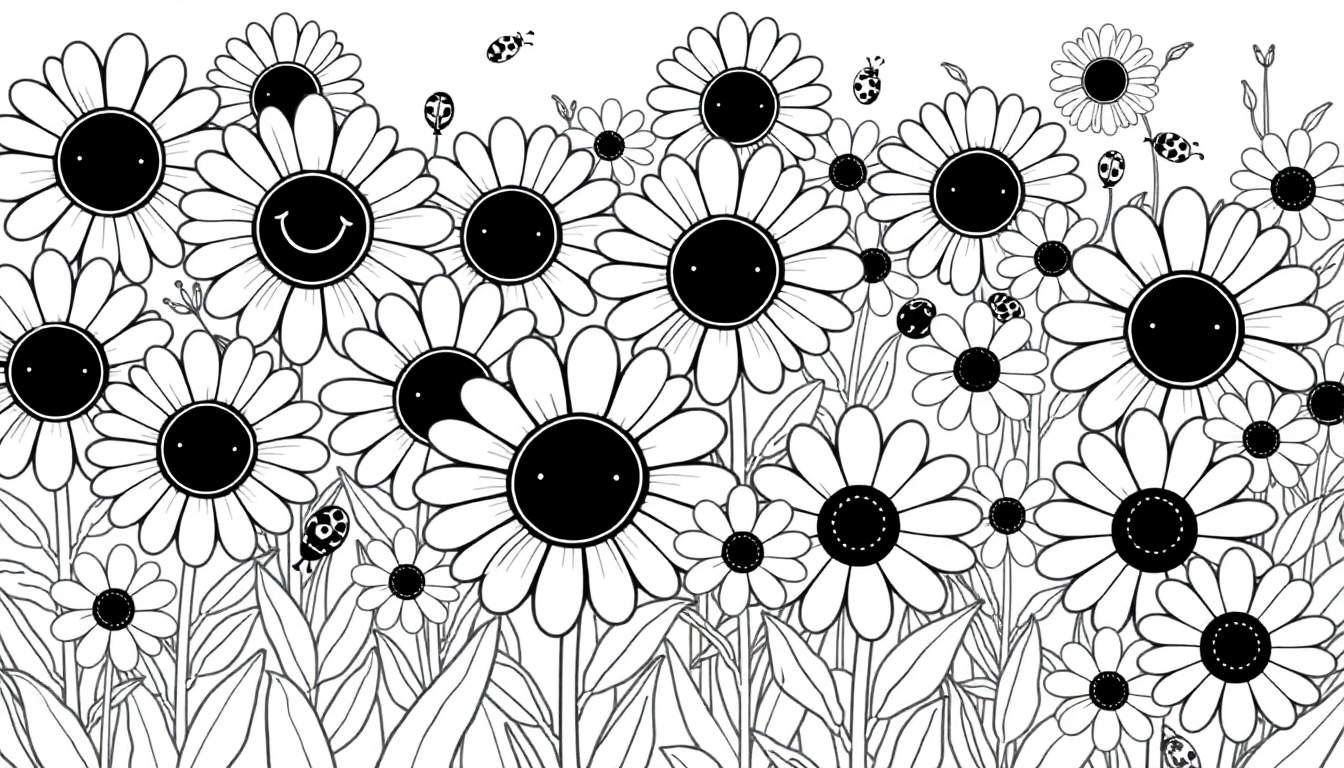 A black and white color panel illustration of smiling daisies with ladybugs flying around.