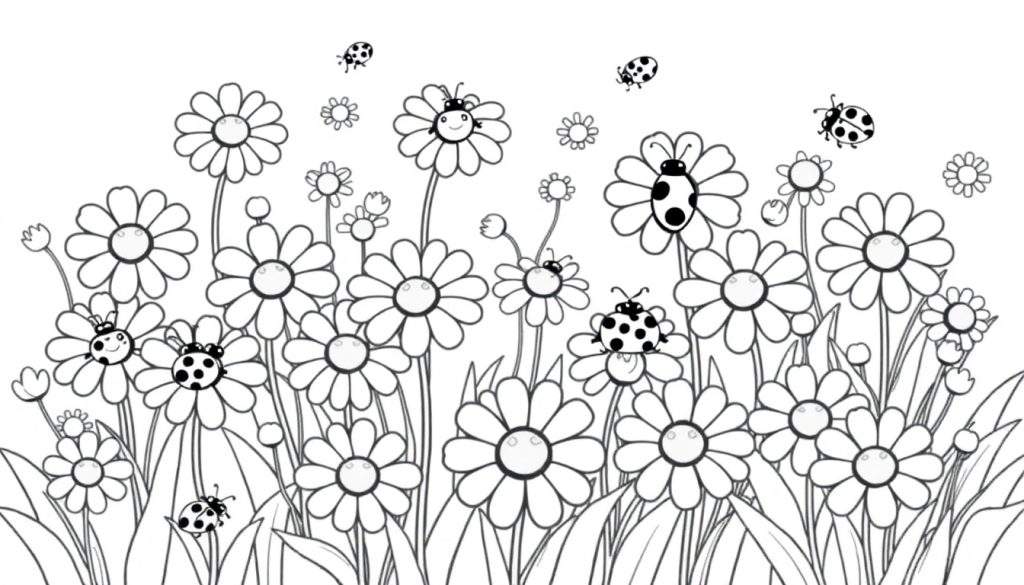 A delightful color panel featuring a field of daisies with smiling ladybugs, ready for children to color.