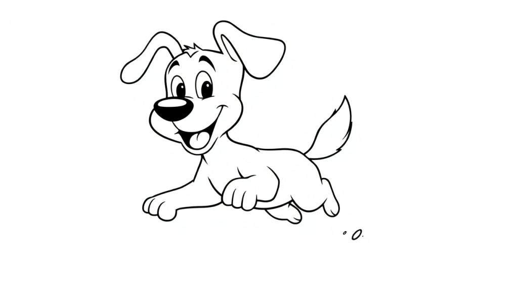 A happy black and white cartoon dog running, with floppy ears, a wagging tail, and tongue sticking out, on a color panel.