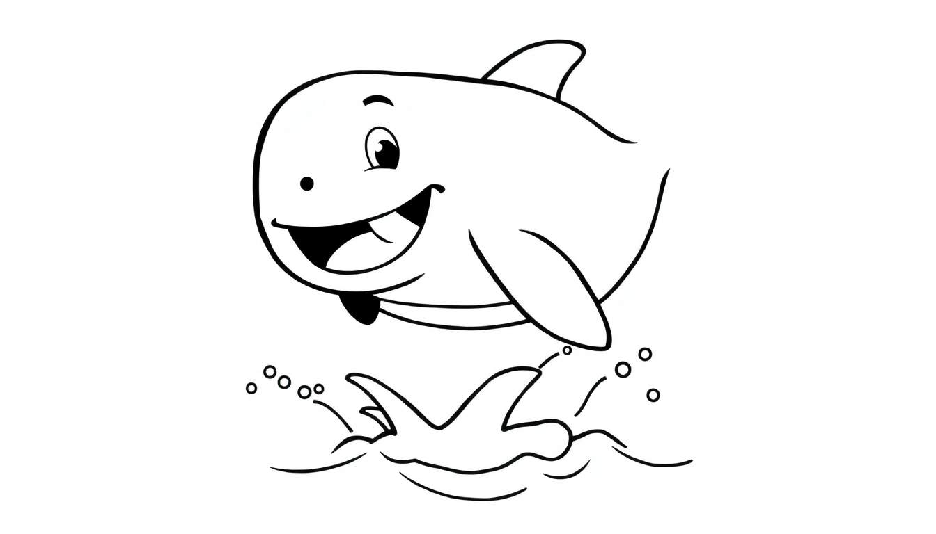 A happy dolphin jumping out of the water in a black and white color panel for coloring.