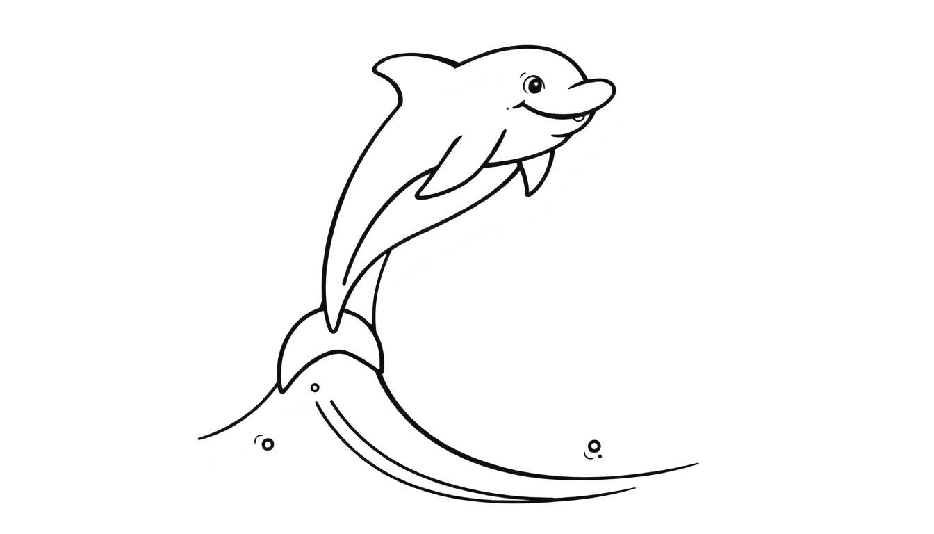 A happy dolphin leaping from the water in a black and white color panel.