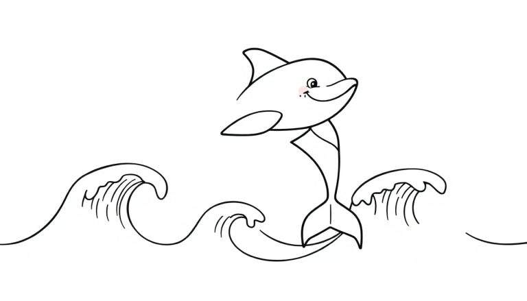 A happy cartoon dolphin with rosy cheeks leaping from stylized waves, ready for coloring in this fun color panel.