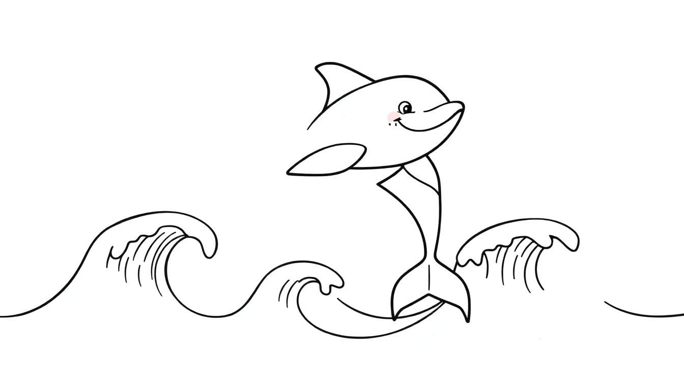 A happy cartoon dolphin with rosy cheeks leaping from stylized waves, ready for coloring in this fun color panel.