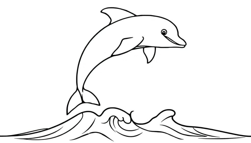 A happy dolphin leaping out of the ocean waves, ready for a fun color panel.