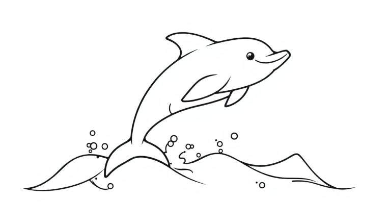 A black and white outline of a happy dolphin leaping from waves, perfect for a color panel activity.