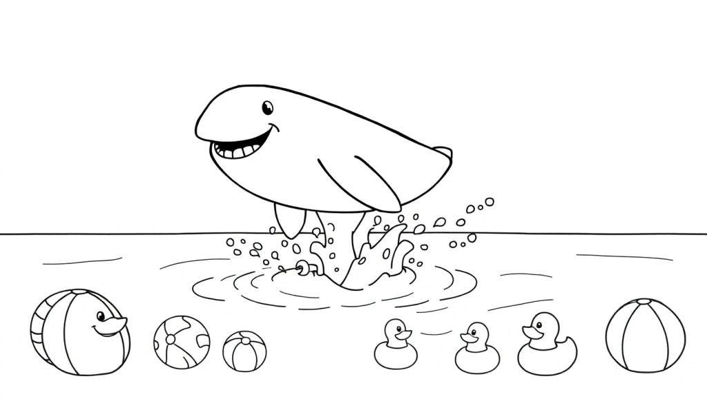 A black and white cartoon illustration of a happy dolphin leaping from the water, surrounded by beach balls and rubber duckies. This color panel is ready for kids to color.