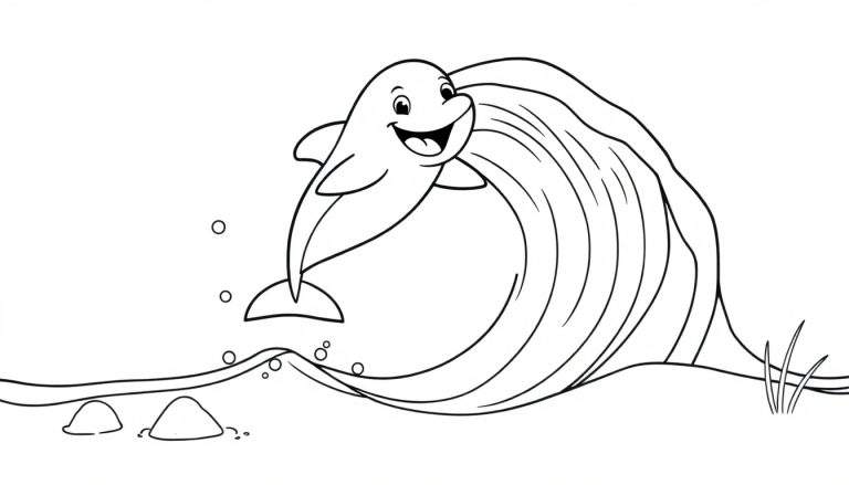 A smiling cartoon dolphin leaping out of a stylized wave on a black and white coloring panel.