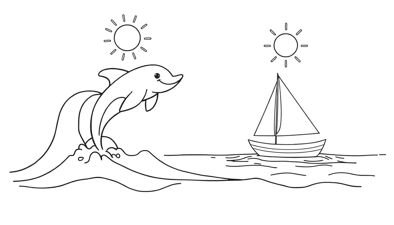 A black and white coloring panel showing a happy dolphin jumping near a sailboat and a smiling sun.