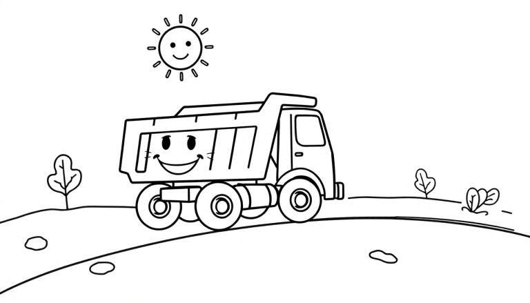 Black and white coloring page of a happy dump truck on a hill with a smiling sun.