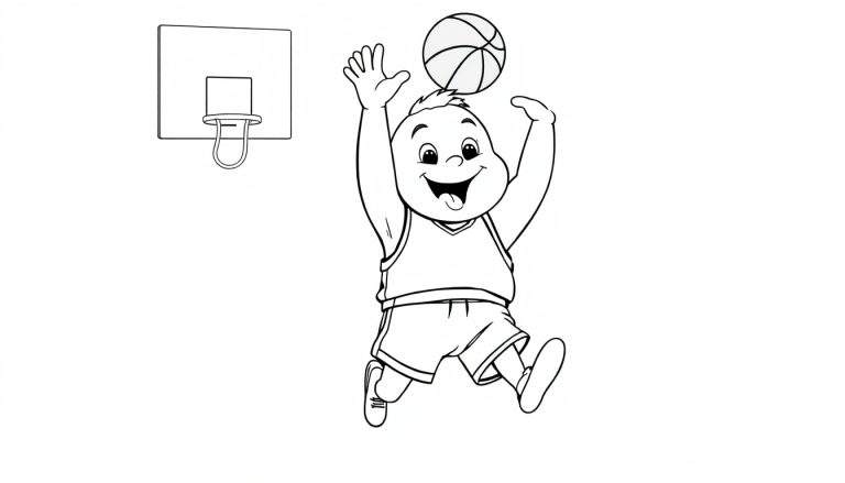 A black and white cartoon drawing of a happy child jumping to dunk a basketball. This color panel is ready to be filled with fun!