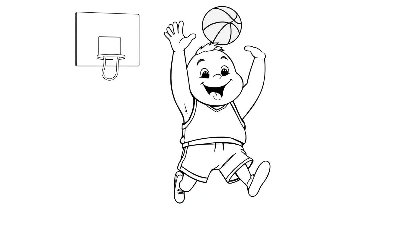 A black and white cartoon drawing of a happy child jumping to dunk a basketball. This color panel is ready to be filled with fun!